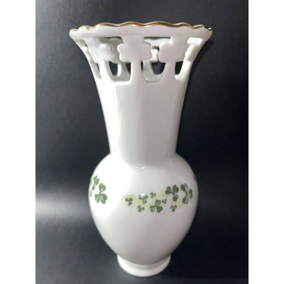 Blarney Porcelain Vase 6.5” Tall Shamrock Cut Outs And Green Shamrock Print - Picture 2 of 7